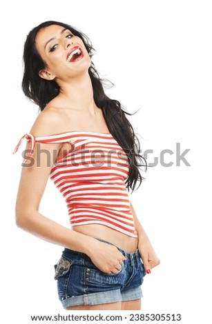 Woman, portrait and laugh in studio for fun, humor and comedy with makeup and fashion on white background. Person, face and happiness with comic expression, carefree and freedom for joke on mock up