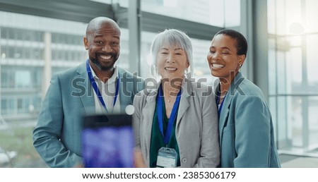 Portrait, photography and group with happiness, business people and conference with memory, smartphone and app. Face, manager and employees with staff, social media and company website with a smile
