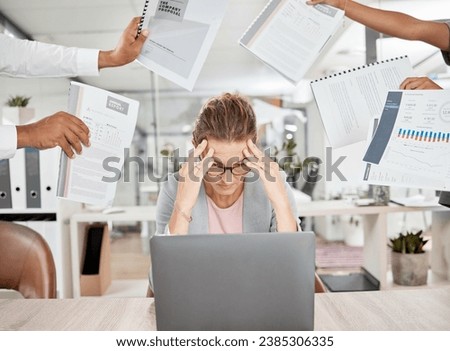 Stress, burnout and woman with a headache from paperwork deadline and overwhelmed from multitasking workload. Fatigue and frustrated employee with anxiety from office admin and time management chaos Royalty-Free Stock Photo #2385306335