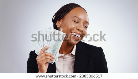 Business woman, winner and money fan for success, bonus and winning in a competition, loan or cashback in studio. Happy african worker with cash dream, reward or financial savings on white background