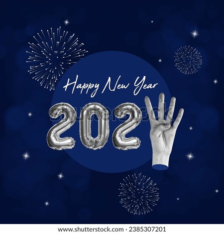 Four with hands, fireworks, a new year, symbol of 2024, Happy New Year, 2024, beautiful design, moderns greeting, fashionable winter, New Year's Day, Make a wish, Celebration, Special occasion