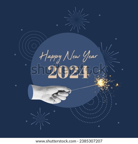 Hand with sparkler, lighting up the new year, fireworks, symbol of celebration, Happy New Year, 2024, beautiful design, moderns greeting, trendy winter, New Year's Day, Make a wish, Celebration