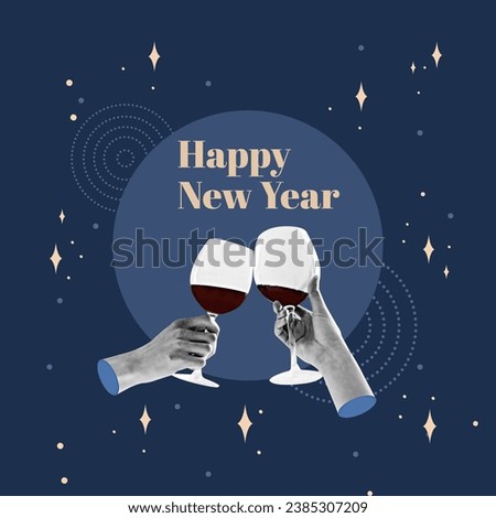 Hand with wine glasses, toasting the new year, happy new year, starting a new year, under the stars, Happy New Year, 2024, beautiful design, moderns greeting, fashionable winter