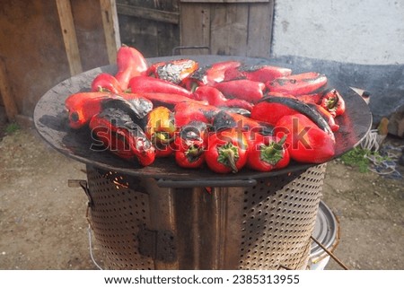 Roasting red peppers for a smoky flavor and quick peeling. Thermal processing of the pepper crop on a metal circle. Brazier container used to burn charcoal fuel for cooking, heating or cultural ritual