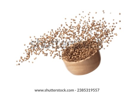 Coriander seed fly throw up in wooden bowl, brown coriander seed float explode, abstract cloud fly. Dried coriander seeds splash throwing in Air. White background Isolated high speed shutter, freeze