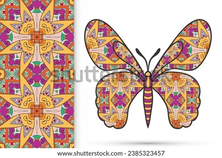 Decorative butterfly and colorful doodle seamless pattern, hand drawn repeating texture. Isolated elements for textile fabric, paper print, invitation or greeting card design. Vector animal collection Royalty-Free Stock Photo #2385323457