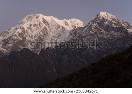 View of Mt.Annapurna South (7,219 m) and Mt.Hiunchuli (6,441 m) before sunrise seen from Mardi Himal view point in the Annapurna region of Nepal.  Royalty-Free Stock Photo #2385342671