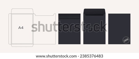 The envelope A4 size die cut template. Vector black isolated circuit envelope with mockups. International standard size