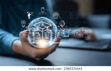 Human with technology internet learning and study online class webinar technology, e-learning, online education, education, training, tutor, video lesson, course, knowledge in homeschool Royalty-Free Stock Photo #2385376541