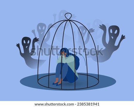 Depressed girl in prison with anxiety and scary fantasies feeling sorrow, fears,sadness vector illustration.
