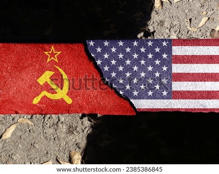 cold war. Flag of the Soviet Union (1922-1991). American Flag (50 stars). For basemap or background use. double exposure hologram Royalty-Free Stock Photo #2385386845
