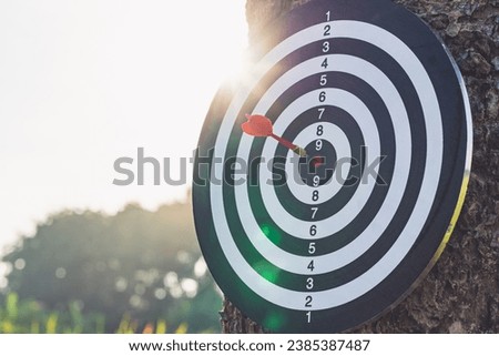 Dart arrow hit the center of target of dartboard on the tree, Business targeting and winning goals business concepts.