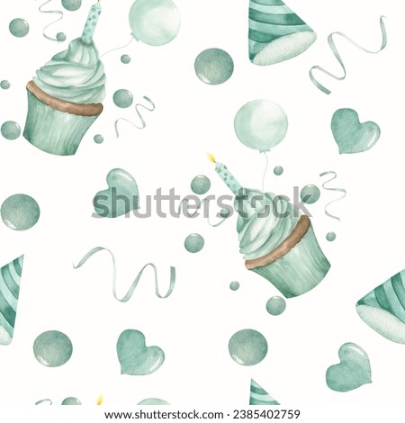 Watercolor birthday party seamless pattern. Cupcakes with candles, birthday hat, bubbles, and coffitte in light green color. Mint celebration collection for invitation, card, packing design