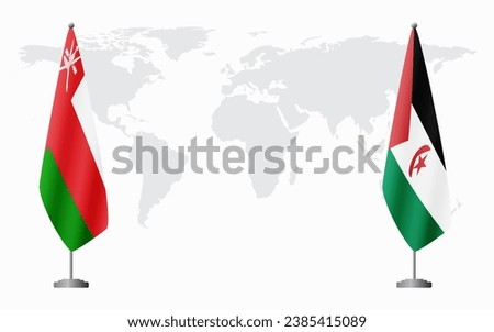 Oman and Sahrawi Arab Democratic Republic flags for official meeting against background of world map.