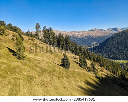 Beautiful autumn landscape in the Davos mountains. Colorful nature in the Graubunden Alps. Wanderlust. High quality
