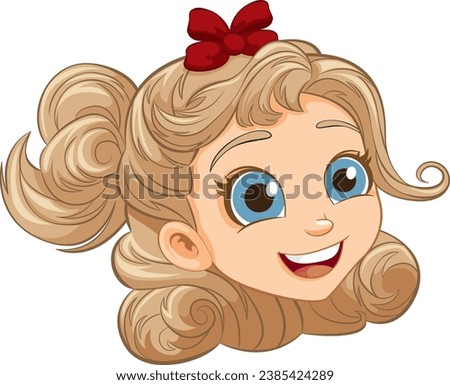Cheerful girl with ribbon in her hair, depicted in a cartoon style