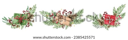 Christmas compositions with gift boxes, lollipops, red berries, spruce branches. Hand drawn isolated watercolor illustrations.