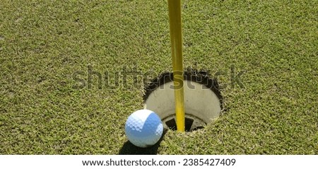 Golf ball in hole on golf course. Golf game