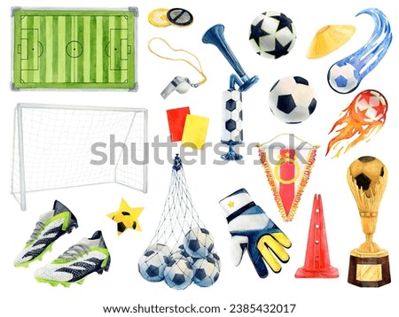Watercolor drawing football set of balls and accessories: field, gloves, trainers, goal, wistle, coins, vuvuzela, stars, warning cards, mesh, cup. Hand painted picture isolated on white background.