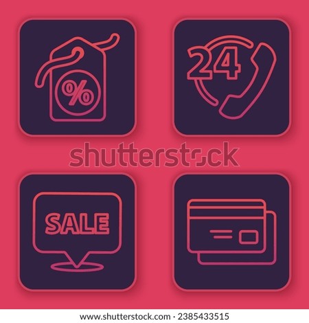 Set line Discount percent tag, Hanging sign with Sale, Telephone 24 hours support and Credit card. Blue square button. Vector