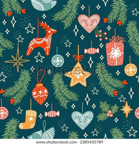 Seamless pattern with doodle elements deers, gifts, Christmas balls, sparks. Holiday elements on green background. Vector illustration. Winter wrapping paper. For greeting card, print, design, fabric