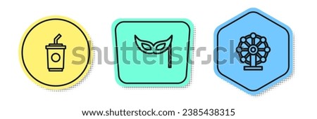 Set line Paper glass with water, Festive mask and Ferris wheel. Colored shapes. Vector