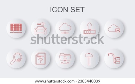 Set line Folder tree, Unknown search, Network cloud connection, Hammer, Server, Data, Web Hosting, Car rental, document and FTP cancel operation icon. Vector