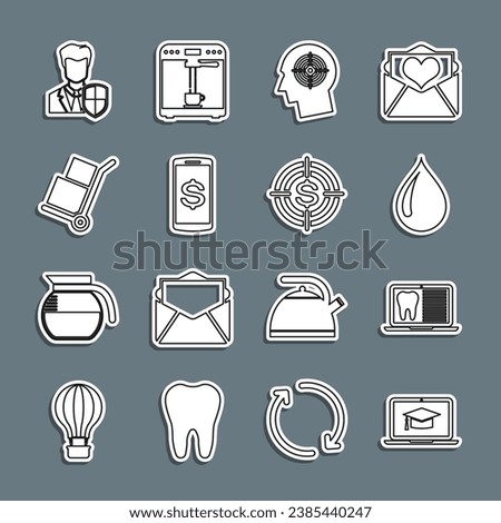 Set line Graduation cap on laptop, Laptop with dental card, Water drop, Head hunting concept, Smartphone dollar, Hand truck and boxes, User protection and Target icon. Vector