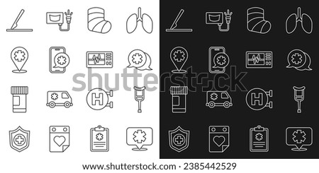 Set line Medical symbol of the Emergency, Crutch or crutches, Dialogue with doctor, Gypsum, phone call, Location cross hospital, surgery scalpel and Monitor cardiogram icon. Vector Royalty-Free Stock Photo #2385442529