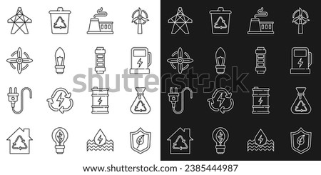 Set line Shield with leaf, Garbage bag recycle, Electric car charging station, Factory, Light bulb, Wind turbine, tower and Battery icon. Vector