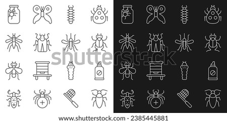 Set line Cockroach, Spray against insects, Beetle bug, Centipede, Mosquito, Spider jar and  icon. Vector