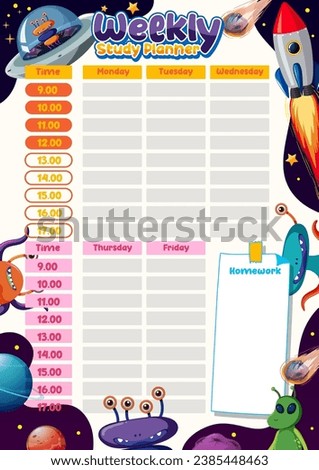 Printable vector cartoon illustration of a weekly lesson plan with notes, featuring an alien theme