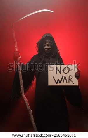 The Grim Reaper holds a poster with the inscription no war. Skeleton, skull, silhouette of a man in a black robe depicting death. Halloween characters concept. red background