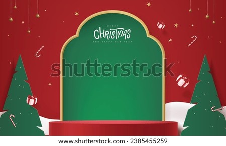 Merry Christmas banner with product display cylindrical shape and festive decoration for christmas