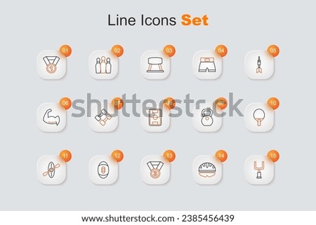 Set line American football goal post, Bicycle helmet, Medal, Football, Kayak and paddle, Racket, Weight and field icon. Vector