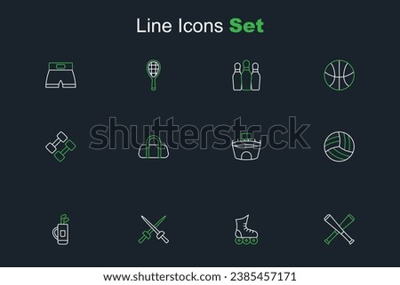 Set line Crossed baseball bat, Roller skate, Fencing, Golf bag with clubs, Volleyball, Stadium, Sport and Dumbbell icon. Vector