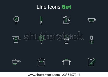 Set line Cutting board and knife, Cooking pot, Slow cooker, on fire, Pizza, Chicken egg stand, Frying pan and Measuring cup icon. Vector