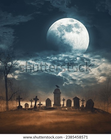 Haunted old cemetery at night with mist, Halloween and horror background