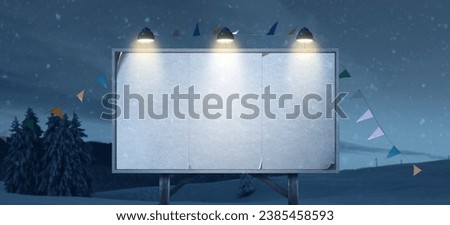 Billboard sign with blank grungy poster and wintry landscape in the background, marketing and communication concept
