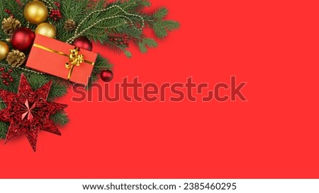Christmas background with xmas tree and sparkle bokeh lights on red background. Merry Christmas card. Winter holiday theme. Happy New Year. Space for text and logo, Christmas and new background