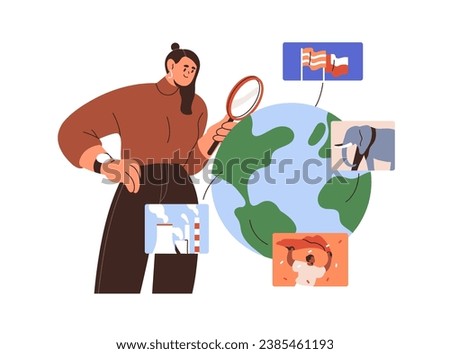 Studying, exploring world news, learning worldwide information, discovering different countries. International knowledge, geopolitical education. Flat vector illustration isolated on white background Royalty-Free Stock Photo #2385461193
