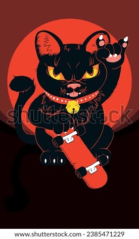 Illustration of black kitty from hell with a skateboard raised his paw and shows a sign of the horns