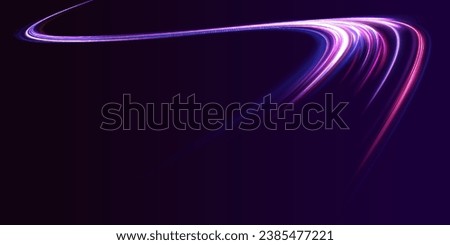 Light trail wave, fire path trace line, car lights, optic fiber and incandescence curve twirl. Vector glitter light fire flare trace. Speed of light in galaxy.	 Royalty-Free Stock Photo #2385477221