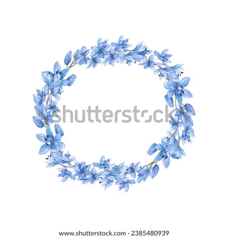 Watercolor botanical spring flowers wreath. Round frame with blue flowers for easter decor, card, invitation decoration. Isolated clip art