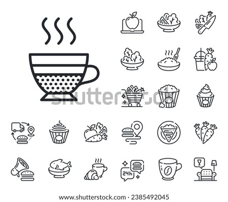 Hot drink sign. Crepe, sweet popcorn and salad outline icons. Cafe creme icon. Beverage symbol. Cafe creme line sign. Pasta spaghetti, fresh juice icon. Supply chain. Vector Royalty-Free Stock Photo #2385492045