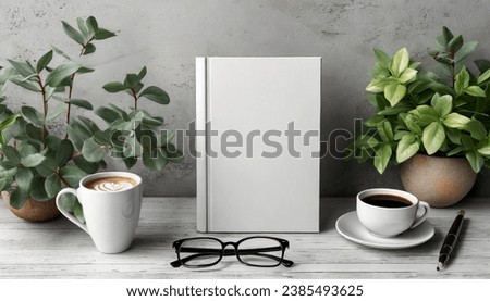 Mock up of blank book cover with coffee, plant and reading glasses Royalty-Free Stock Photo #2385493625