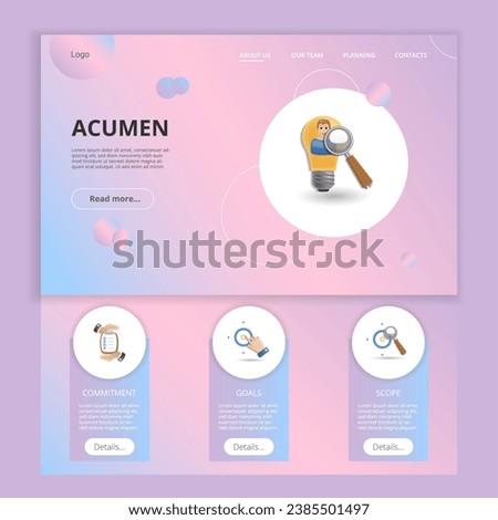 Acumen flat landing page website template. Commitment, goals, scope. Web banner with header, content and footer. Vector illustration.