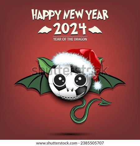 Happy New year. 2024 year of the dragon. Cute muzzle dragon in the form of a soccer ball. Soccer ball in the form of a dragon. Greeting card design template. Vector illustration
