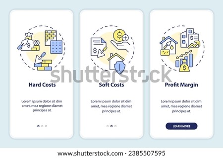 2D icons representing construction cost mobile app screen set. Walkthrough 3 steps multicolor graphic instructions with thin line icons concept, UI, UX, GUI template.