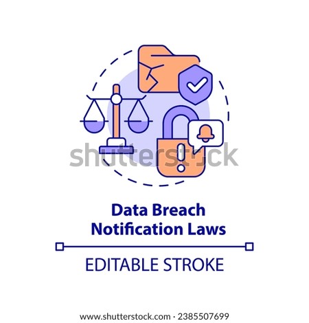 2D editable multicolor data breach notifications law icon, simple isolated vector, cyber law thin line illustration.